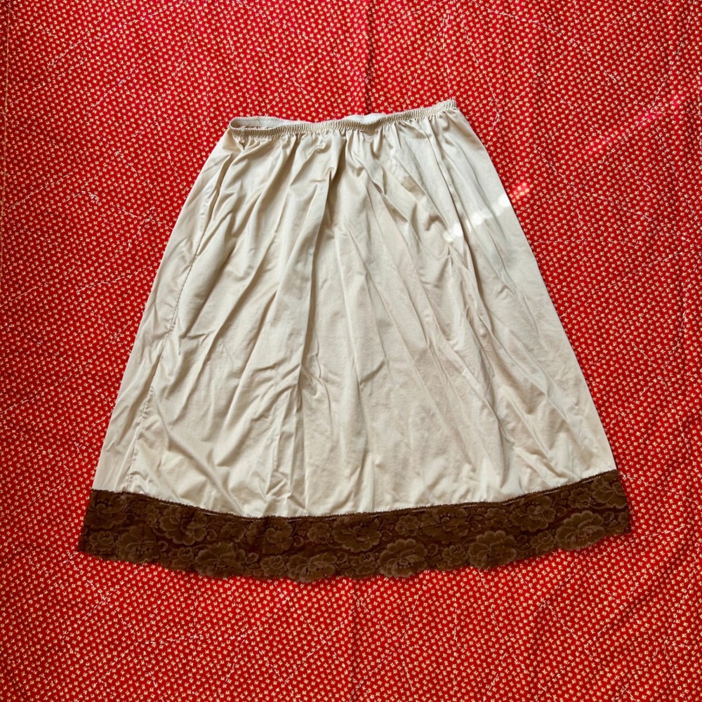 Vintage Beige Half Slip Skirt Brown Lace Trim Elastic Waist 70s Lingerie